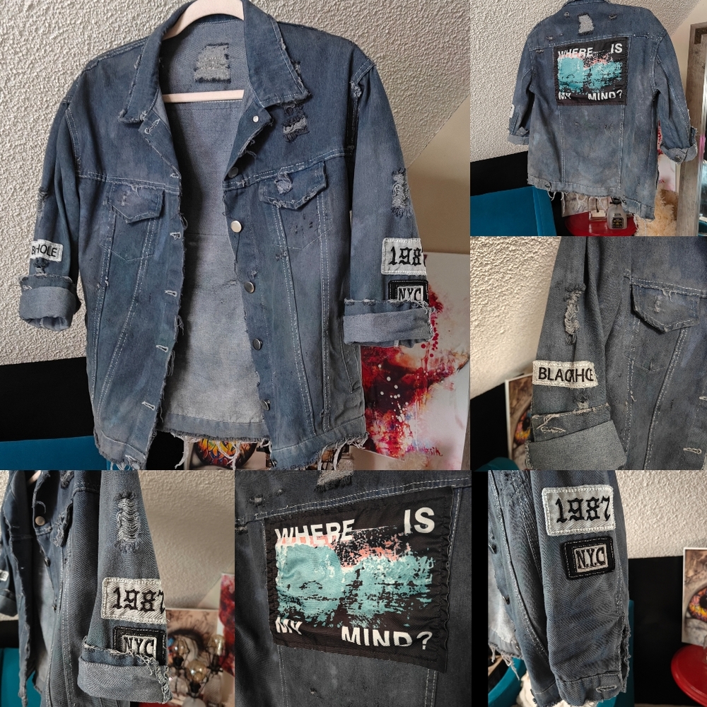 Distressed Denim dRop Sleeve Jacket w/ 80's Graphic Patches